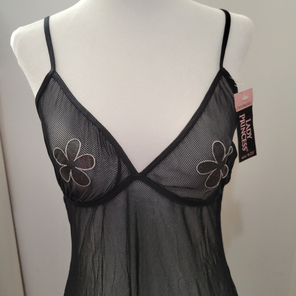NWT Lady Princess Mesh See Through Slip Dress Floral Black Lagenlook Goth | Med - Picture 2 of 9
